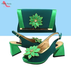 INS New Design Italian Women Shoes and Bag Set in Green Color High Quality Comfortable Heels with Appliques for Wedding