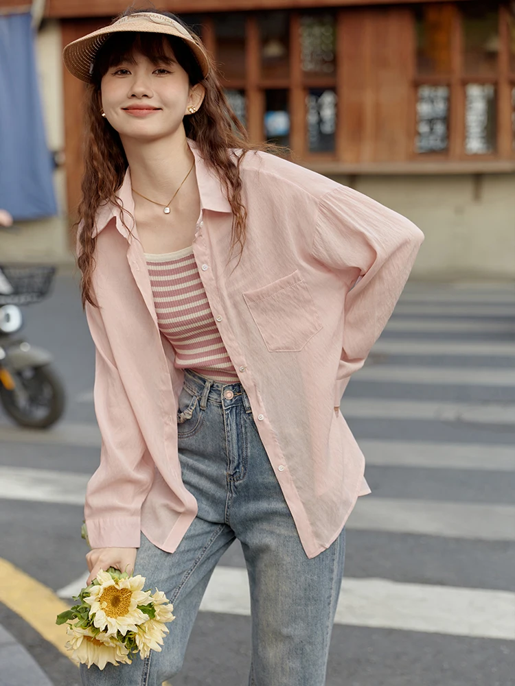 

Loose Women's Pink Silk irt Summer Design Sensation Lazy Collar Long Sve Sun Protection Outerwear Casual Sle Regular L...