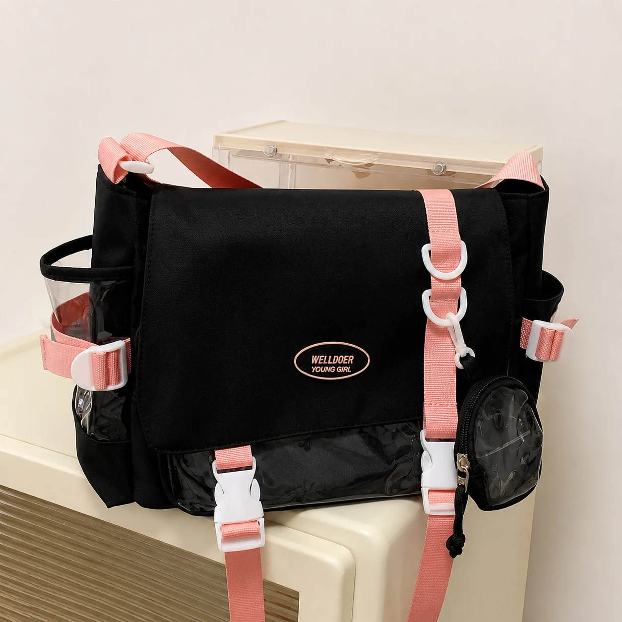 Waterproof Nylon Bag Color Blocking Transparent Crossbody Bag Ita Display Bag  Mini Round Pouch For Outdoor Outings Phone