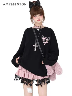 Preppy Style Sweet Cute Bow Cross Lace-up Printed Heavy Industry Crew Neck Hoodies Women Harajuku Versatile Oversized Sweatshirt