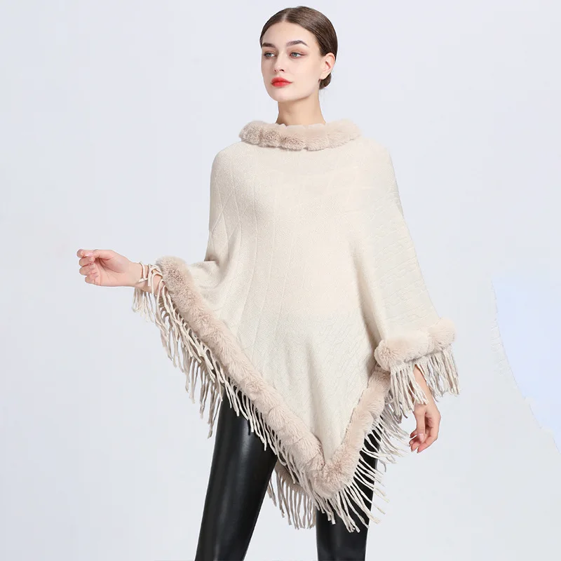 Poncho Tassel Shawl Faux Fur Collar Women's ARGYLE Pattern Cape Fringed Asymmetric Cover Up Diamond Shawl