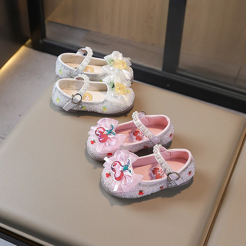 

2025 New Cute Cherry Bow Girls' Princess Shoes Autumn New Soft Bottom Flat Kid's Casual Shoes Cartoon Children's Leather Shoes