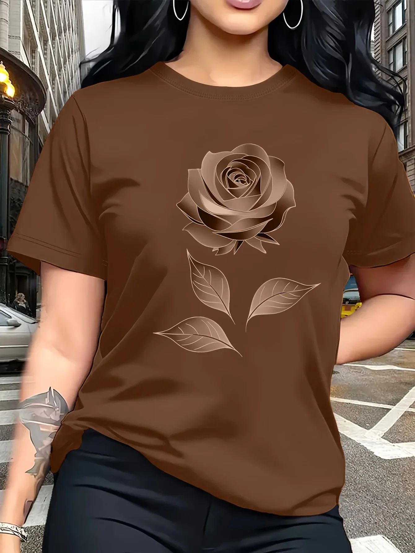 Women Spring Summer Crew Neck Short Sleeve T-Shirt Brown Tone Rose Leaf Print Loose Casual Coffee Color Daily Ladies Tops
