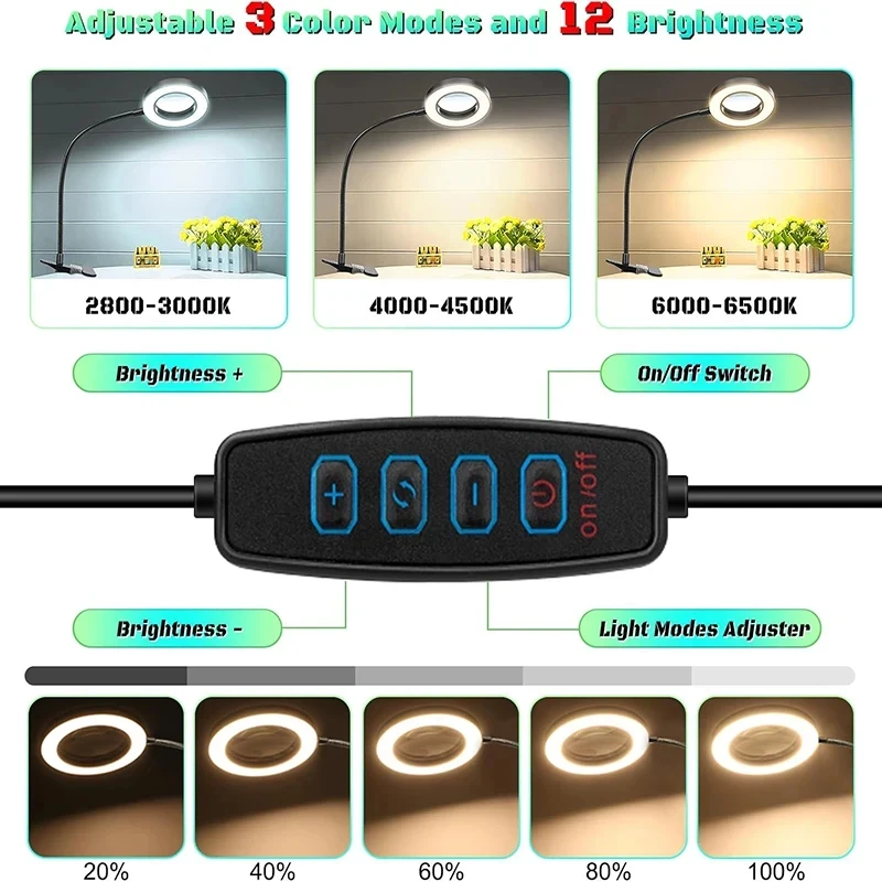 10X Magnifying Glass with 3 Color Modes LED Lighted Desk Lamp with Metal Clamp Flexible Gooseneck Magnifier for Reading Nail Art view 3