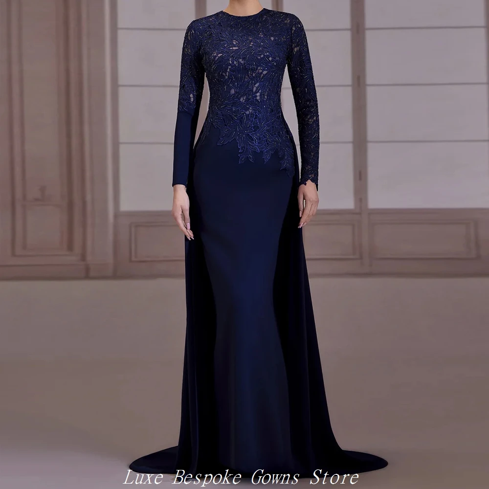 

Women's Formal Evening Gowns Mermaid Floor-length O-neck Full Sleeve Prom Dresses Fashion Lace Sequined Draped Customized Gowns