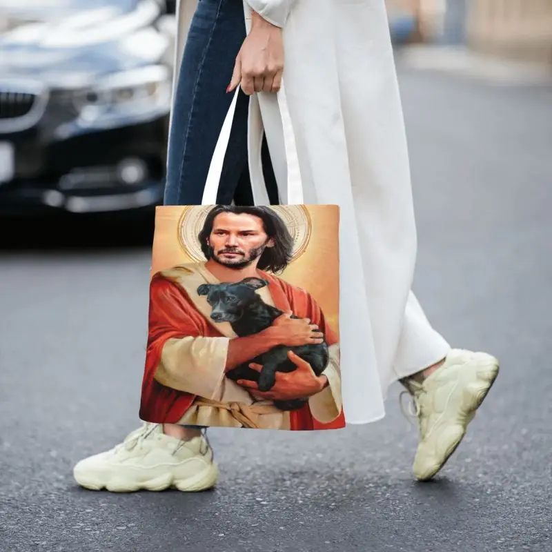 Kawaii พิมพ์ Keanu Reeves ถือลูกสุนัข Shopping Tote Bag Canvas Shopper กระเป๋าสะพาย Saint Meme พระเยซู John Wick กระเป๋าถือ