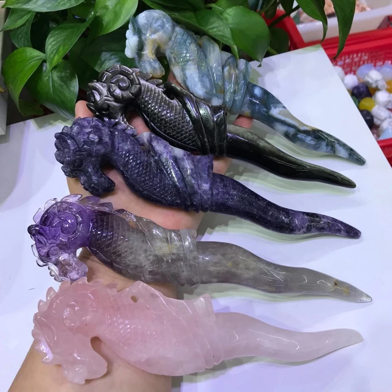 Dragon Head Seahorse Wand Arts Silver Obsidian Amethyst Moss Agate Lepidolite Magic Crystal Scepter Rose Quartz Wizard Staff