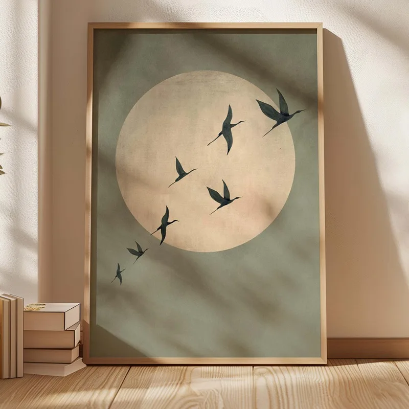 Sage Green Japandi Art Print - Large Abstract Sun and Flying Birds Wall Art, Frameless Canvas for Living Room and Bedroom Dec
