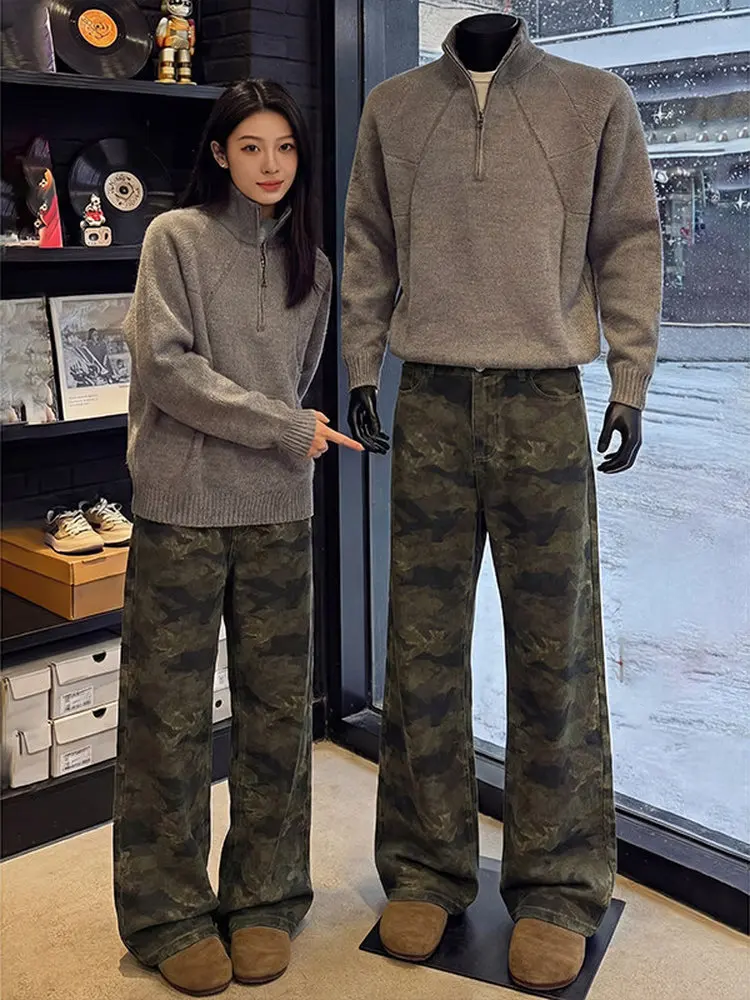 Calças Jeans Camufladas Vintage Estilo Americano com Efeito Desgastado, Unissex, Cintura Alta, Modeladoras, Micro Flare, Esti...