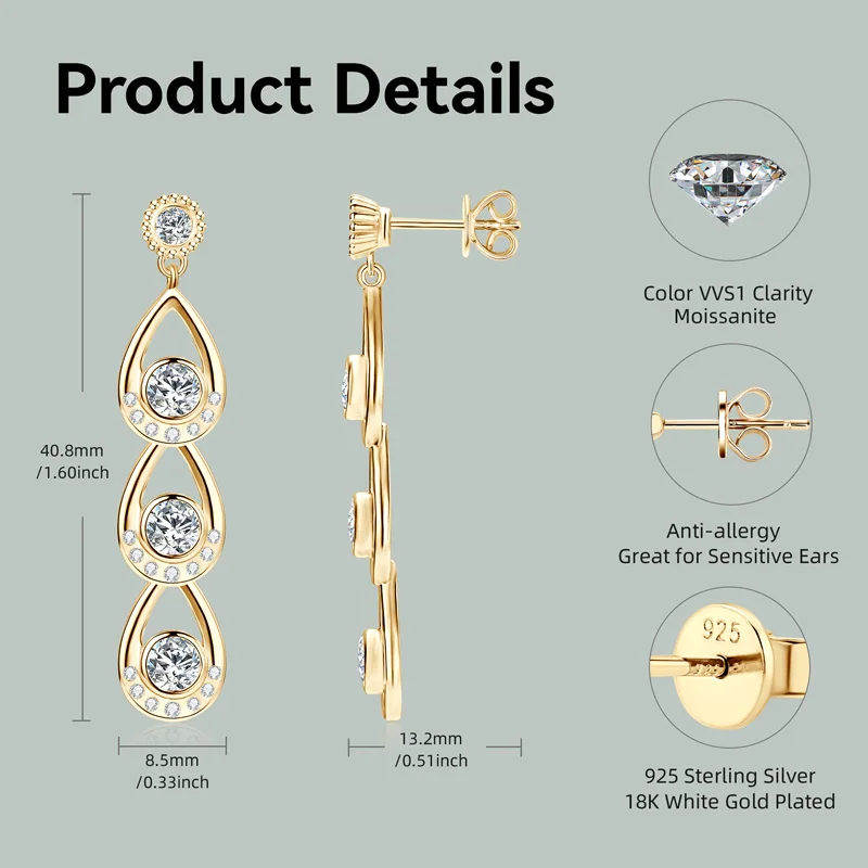 Ehhai GRA شهادة 4 مللي متر و 3 مللي متر مويسانيتي مستدير قطرة الماء ثقب قرط الاذن المرصع للنساء 925 فضة مجوهرات هدية Pendiente