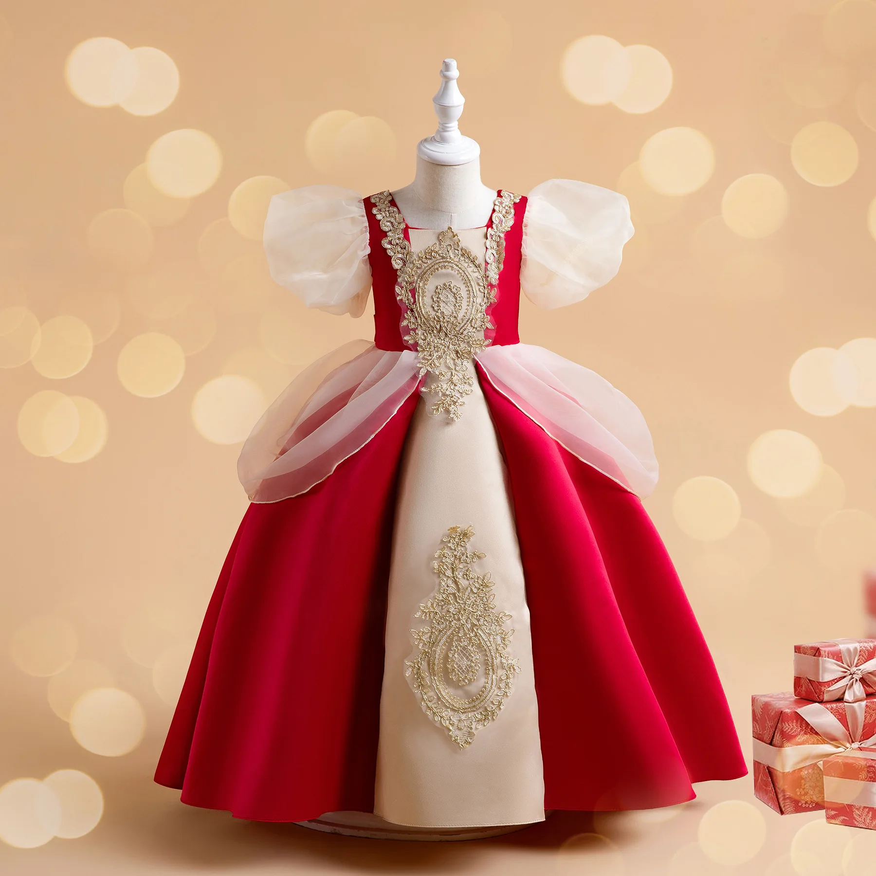 Vintage Flower Girl Costume Christmas Princess Dress for Girls Elegant Christmas Evening Party Dresses Wedding Gown 3-12 Years