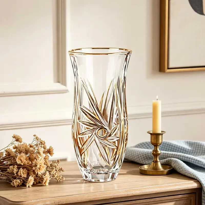 Handmade Windmill Shape Crystal Glass Vase Gold Trim Art Vase Home Decor Vase for Home Living Room Wedding Table Centerpiece