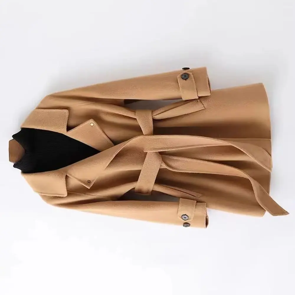 

Women Elegant Two-Sided Woolen Coat with Belt Autumn Winter Fashion Solid Long Sleeve Chic Outerwear Ladies Casual Wool Overcoat