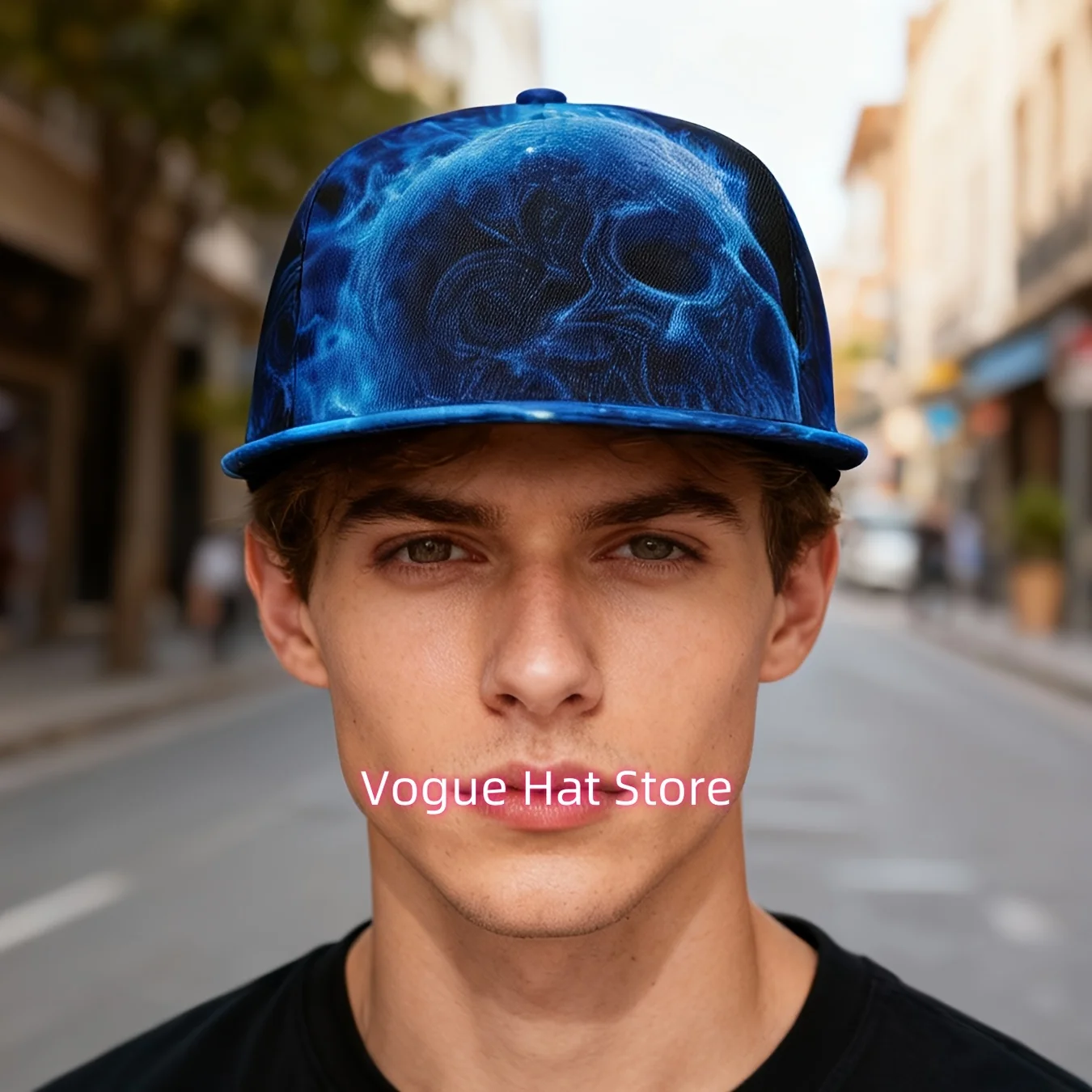 1pc Men's & Women's Adjustable Snapback Cap - Black/Blue Flame & Skull Print, Lightweight Breathable Polyester Flat Brim Hat, Ma
