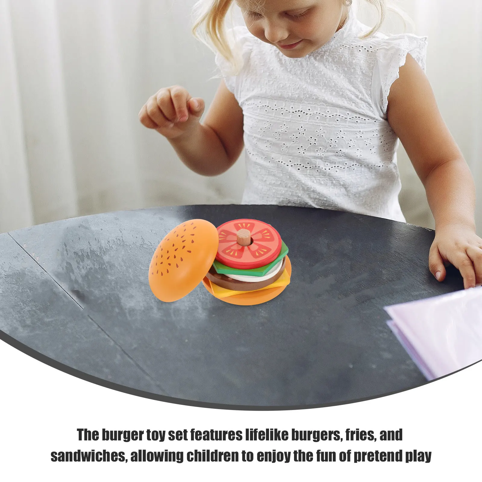 

Wooden Burger Pretend Play Set Children Matching Stacking Cognition Fine Motor Skills Development Creative Learning
