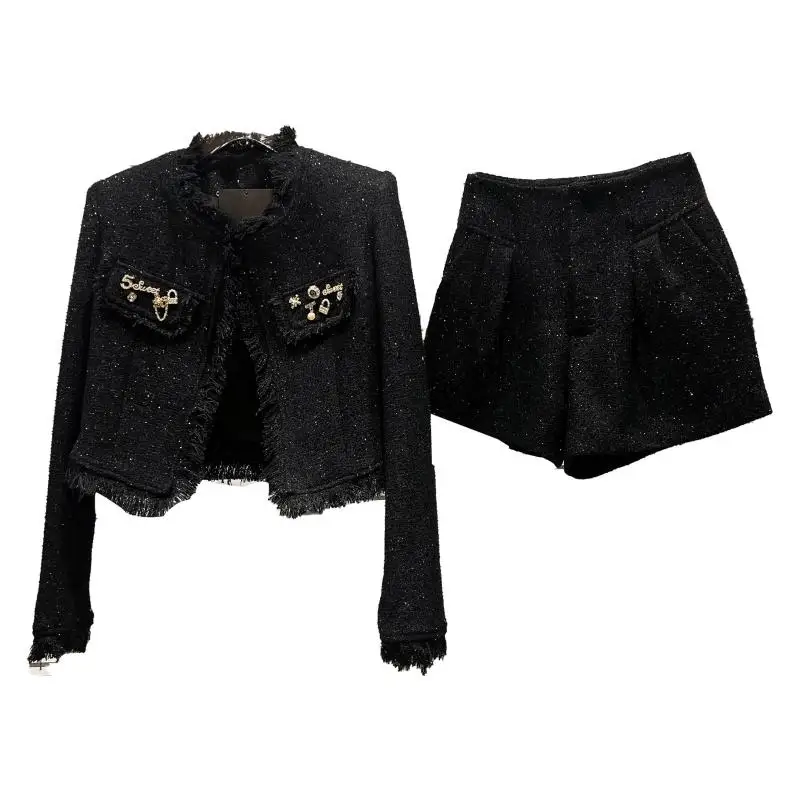 2024 Autumn Chic Tweed Sets Women Two Pieces Suit New Short Pin Tweed Burr Coat + Bright Silk Shorts Office Lady Outfits