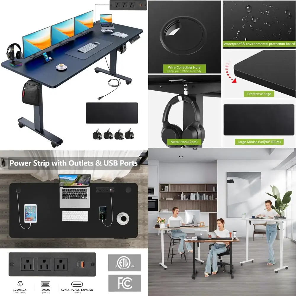 

Электрический стол 63 x 24, с зарядной станцией, эргономичный стол с большим ковриком для мыши, 2 USB-портами, регулируемой высотой на колесиках