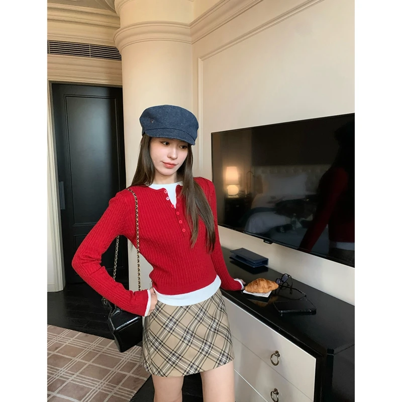 SALIENCY 2025 Damska Wiosenno-Letnia Moda Prosta Vintage Krata Codzienna Uniwersalna Dojazdy Do Pracy Spódniczka Mini A-line z Wysokim Stanem Mujer