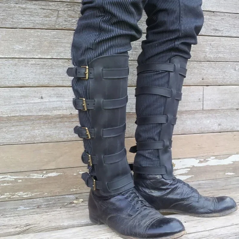 Medieval PU Leather Leg Shin Guard Armor Viking Pirate Warrior Boot Shoe Cover Vintage Gaiter Greaves Cosplay Costume Props Larp