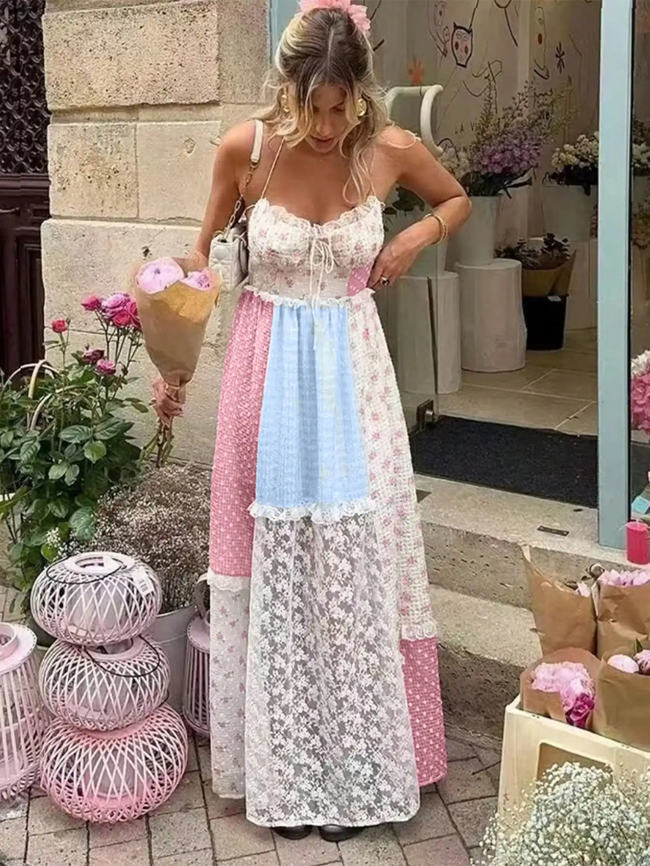 

Женское макси-платье с цветочным пэчворком и кружевом, на бретелях, в стиле бохо, для летнего отдыха