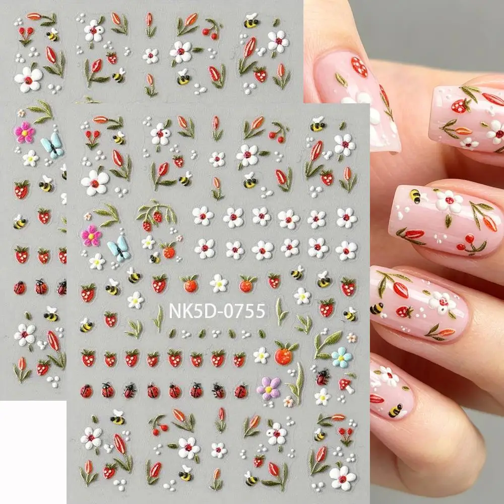 1/2 Stück 5D Cartoon Marienkäfer Biene Schmetterling Nagelaufkleber Erdbeere Gänseblümchen Tulpen Blumen Nagelkunst-Sticker für Frühlings-Maniküre Slider