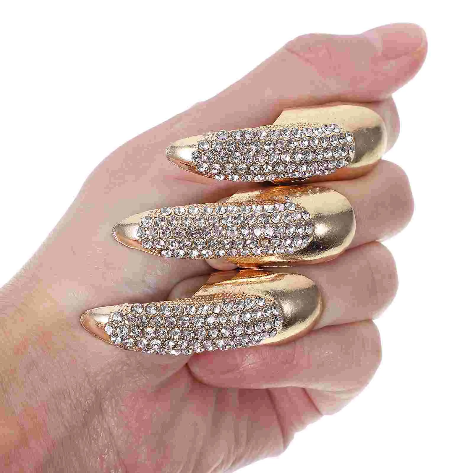 10 Pcs Rhinestones Metal Decorative Nails Punk Claw Rings Clothing Finger Golden