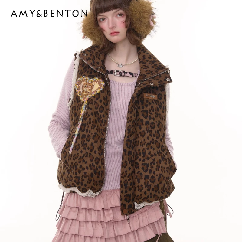 

Autumn Winter Thickened Brown Leopard Lace Trim Women's Cotton Jacket American Retro Sweet Cool Versatile Warm Vest Coat Ladies