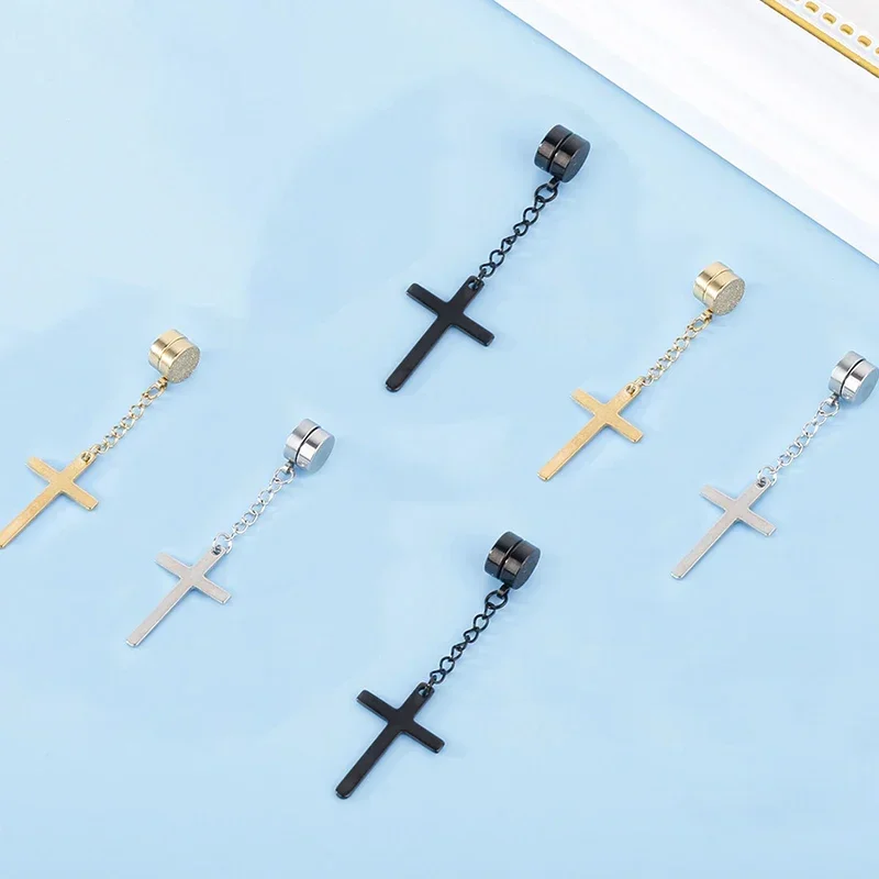 2pc Punk Mens Strong Magnet Magnetic Cross Ear Stud Set Non Piercing Earrings Fake Earrings Gift for Boyfriend Lover Jewelry view 6