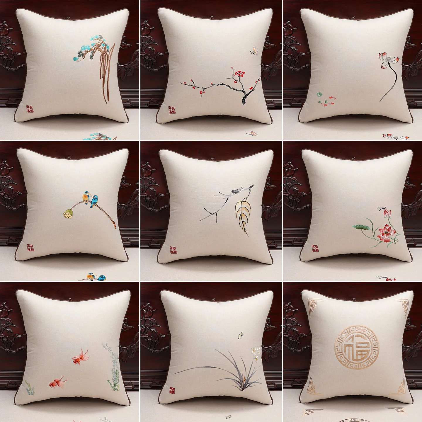 Chinese Embroidered Pillow Cover Linen Cushion Cover with Ink Wash Floral & Bird Patterns