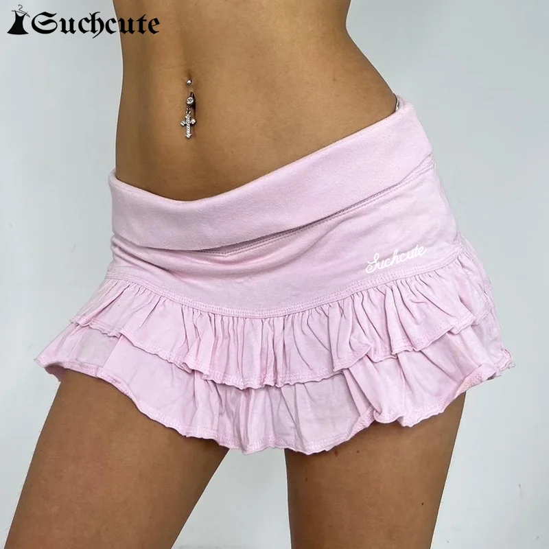 SUCHCUTE Low Waist Ruffle Y2k Skirts Women's Clothes Fashion Mini Skirt Harajuku Fairycore Grunge Knitted Solid Pleated Skirts