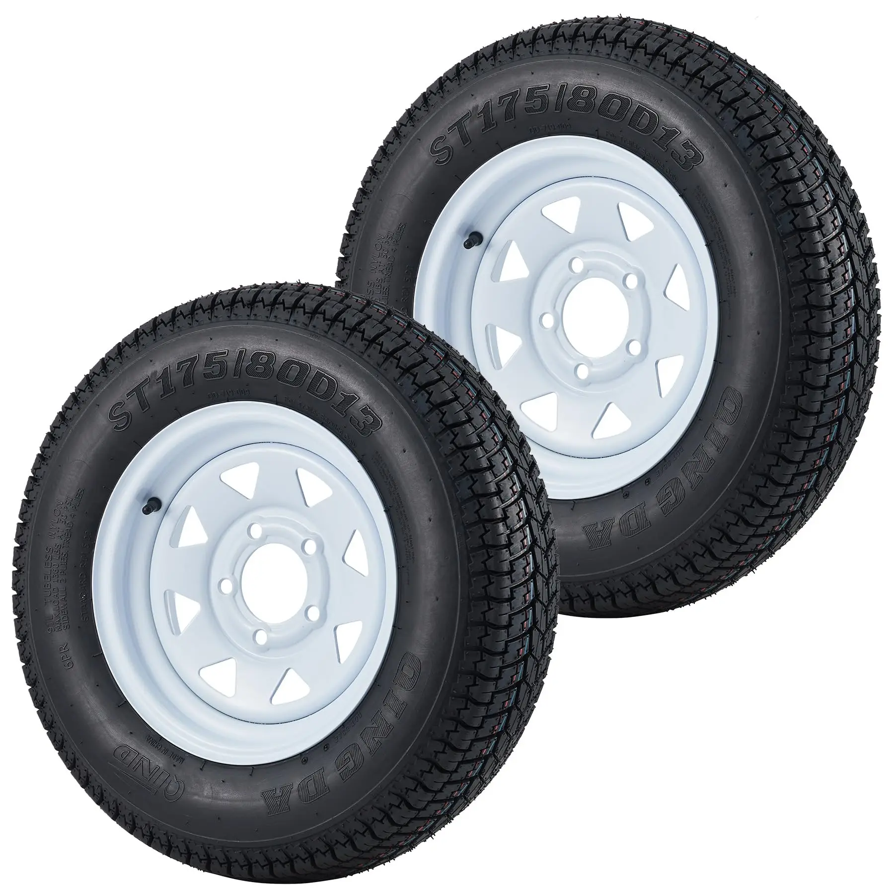 ST175/80D13 Trailer Tires with 13 inch Rims, 5 Lug on 4.5 inch, Load Range C, ST175 80D13 Trailer Tire Rim Assembly, No Assembly Required, 2 Pack, DOT-Approved