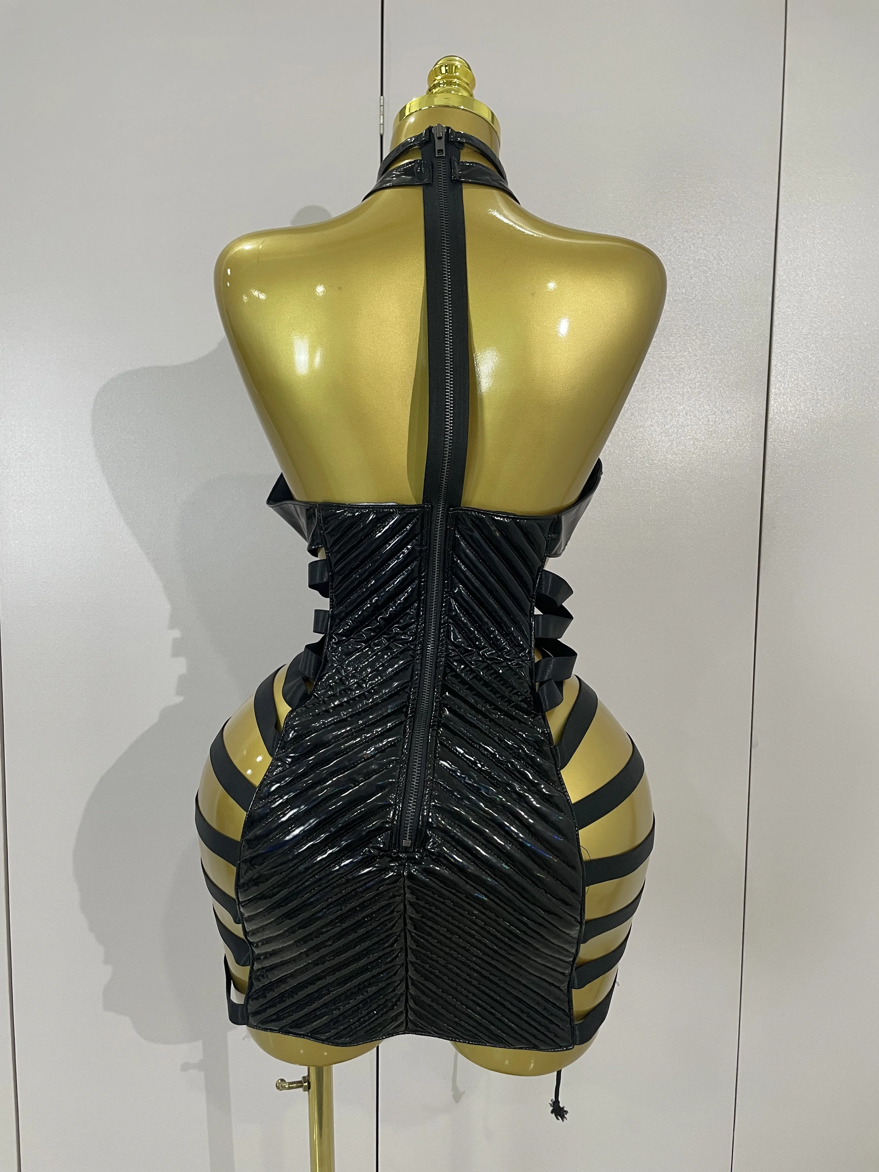 مثير جلد أسود الجوف خارج القوطية ضمادة الرسن فستان قصير المرأة جوجو الرقص المغني ملهى ليلي بار أداء المرحلة ارتداء #3