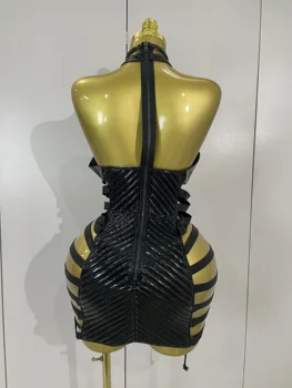 Sexy Black Leather Hollow Out Gothic Bandage Halter Short Dress Women Gogo Dance Singer Nightclub Bar Performance Stage Wear 3