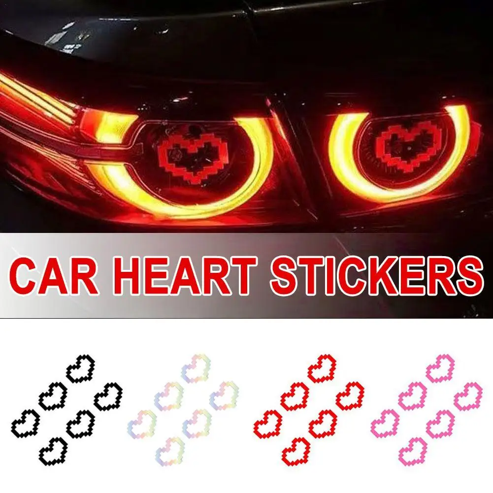 6PCS Heart Pixel Car Stickers Waterproof Vinyl Decals For Auto Window Headlight Taillight Mosaic Art Adhesive Decoration