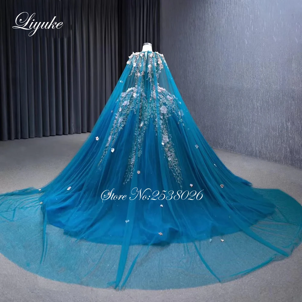 Liyuke Charming Tulle Organza Ball Gown Quinceanera Dresses Lace Up O-Neck Colorful Beading Appliques Gowns With Removable Cape