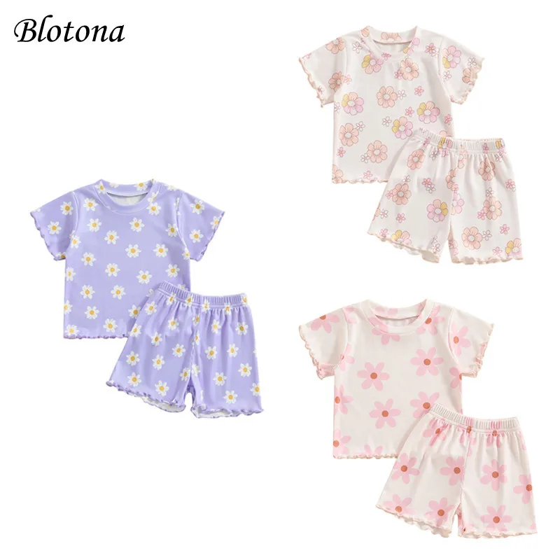 

Blotona Kids Girls Shorts Set, Flower Print Short Sleeve Crew Neck T-shirt with Shorts Summer Outfit 6M-4Y