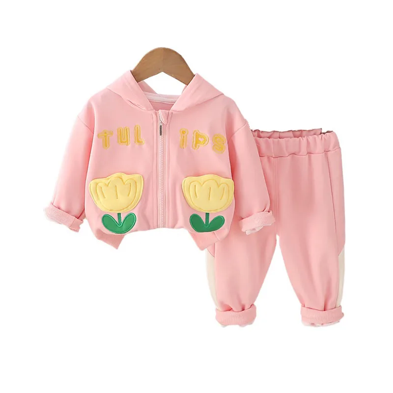 2024 Spring Autumn Fashion Baby Girl Clothes 2 To 3 Years Flower Pocket Hooded Jackets and Pants Two Piece Girls Boutique Outfit