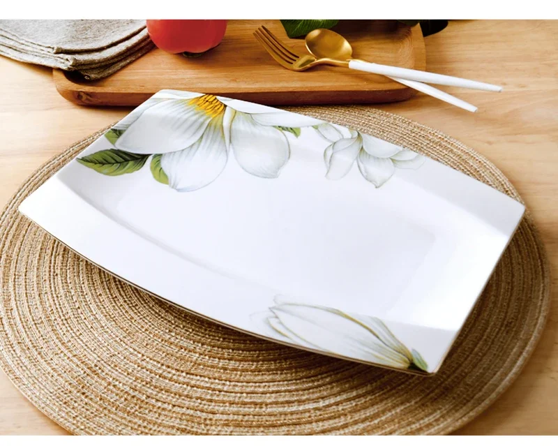 12 Inch, Fine Bone China Fish Dish, Loral Porcelain Food Plates for Dinner Serving, Buffet Fish Plate, Ceramic Serving Plate