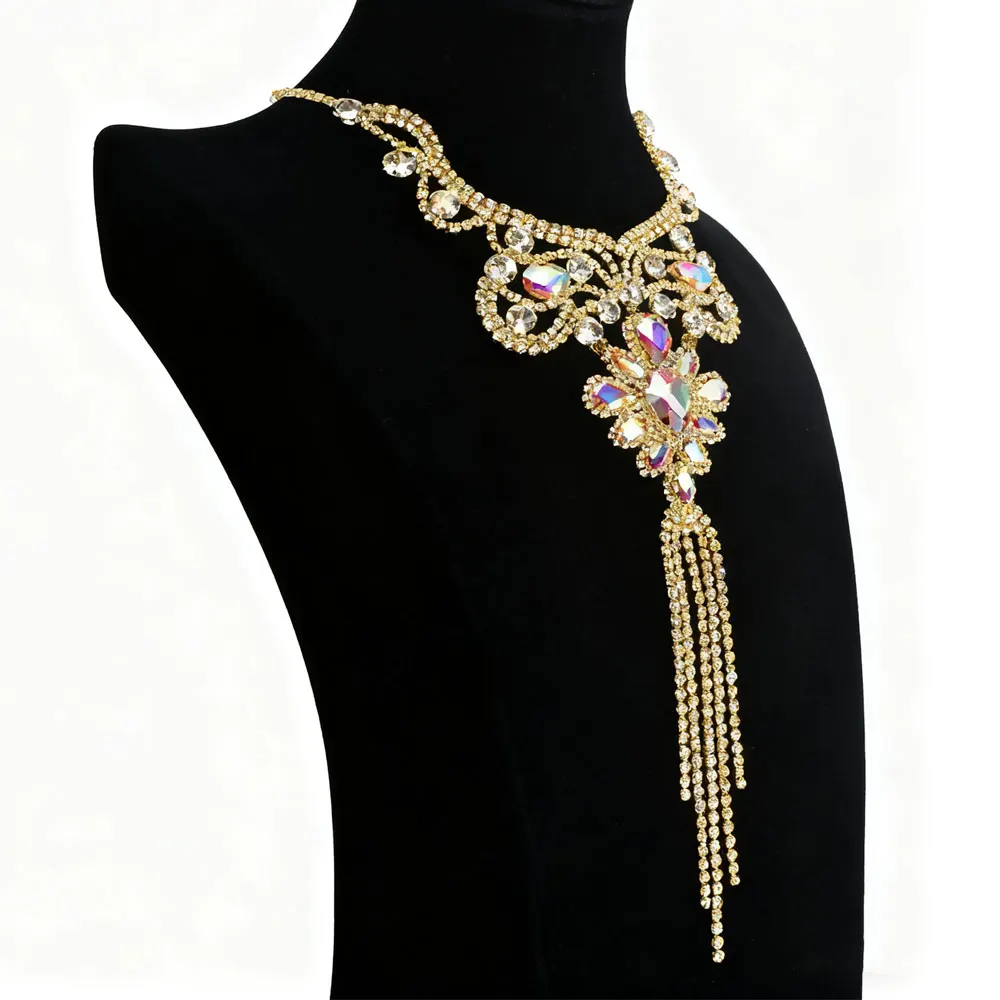 Rhinestone Tassel Epaulet Appliqué Gold Silver Color Crystal Sew-On Patch Garment Accessories Shiny Long Tassel Design