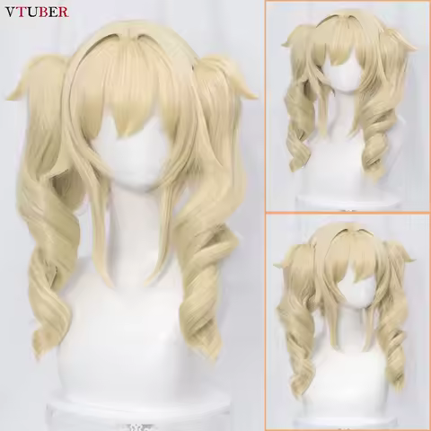 Barbara Cosplay Wig Game Long Linen Golden With Ponytails Heat Resistant Synthetic Hair Halloween Anime Wigs + Wig Cap