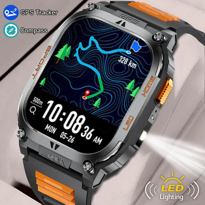 

LIGE 2025 New GPS Tracking Smart Watch LED Flashlight 1.96 inch HD Screen Compass BT Call Waterproof Smartwatch For Android iOS