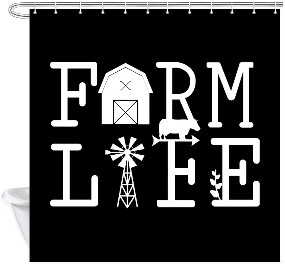 Farmhouse Shower Curtain Barn House and Windmill Farm Black Background Polyester Fabric Bath Bathroom Curtains with Hooks