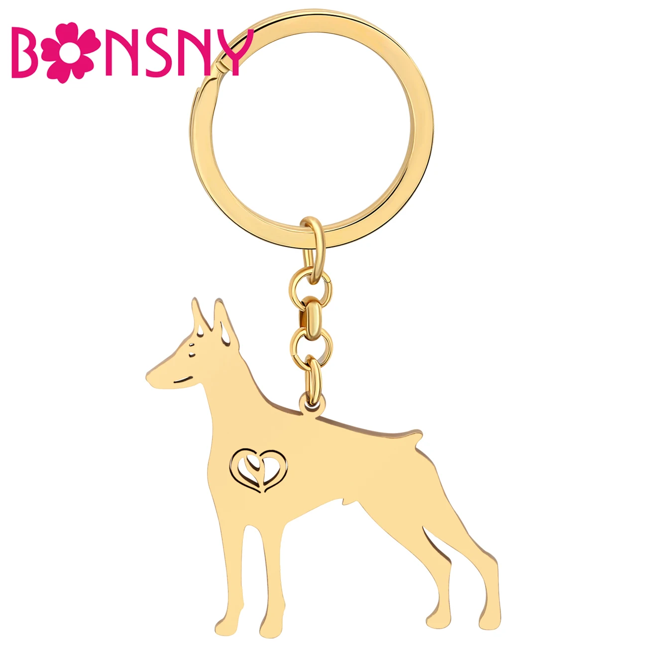 Bonsny Stainless Steel Gold-plated Cool Doberman Dog Keychains Key Ring For Women Dog Lovers Wallet Handbag Puppy Key Chain Gift