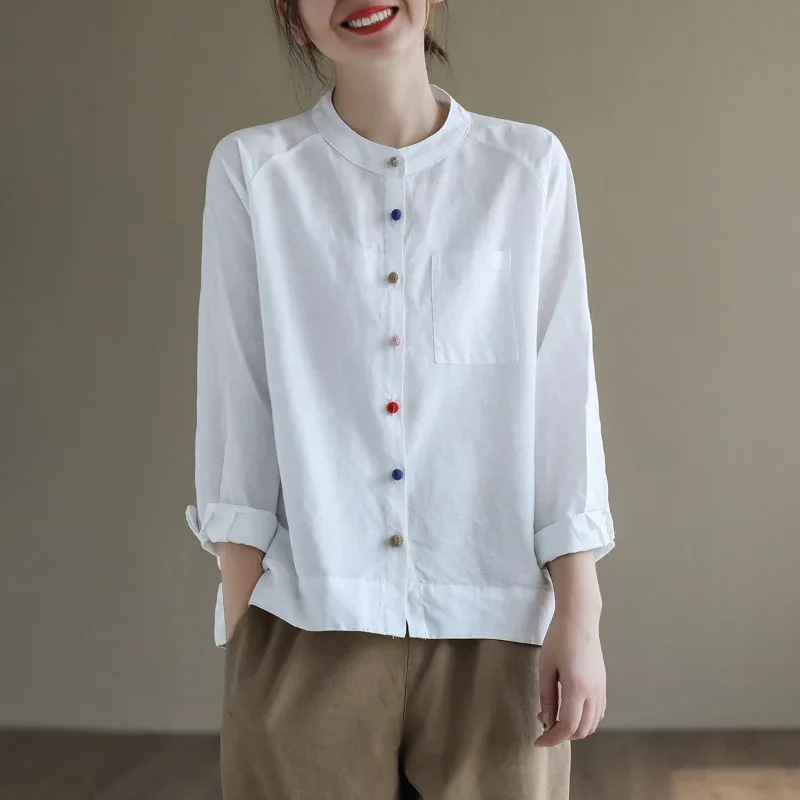 

Loose Large-size Spring and Autumn Women's New Cotton and Linen Shirt for Women 2024 New Versatile Long-sleeved Top