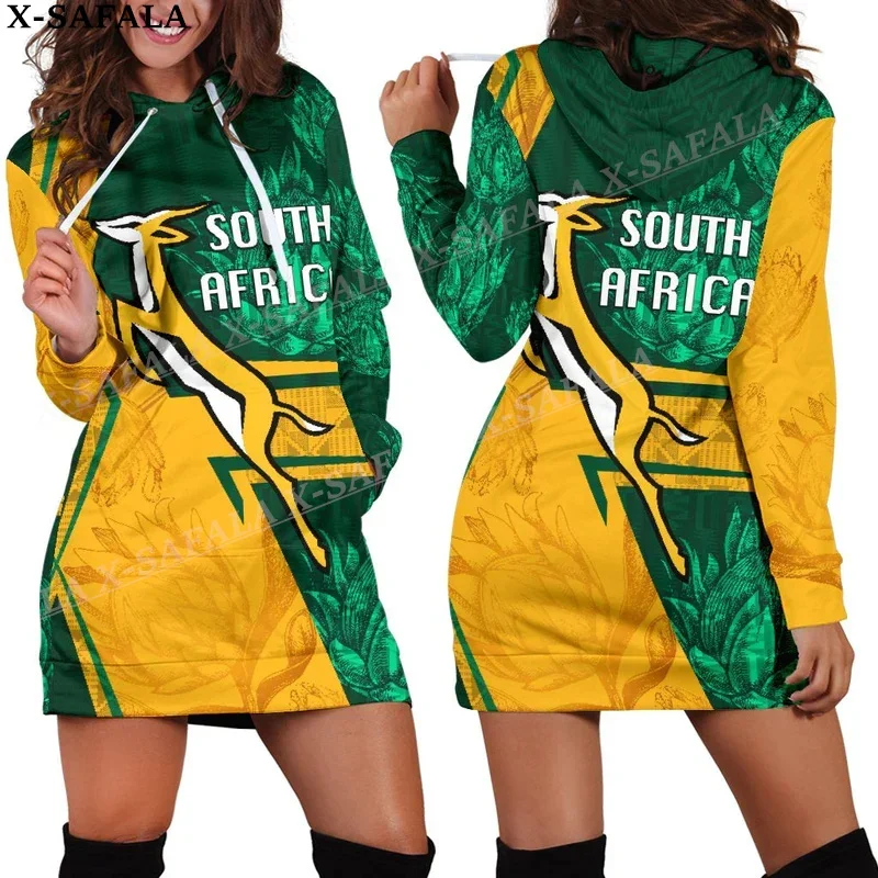 South Africa Country Flag Springboks 3D Printed Autumn Hoodies Dress Women Casual Wear Long Sleeve Hooded Dress-2