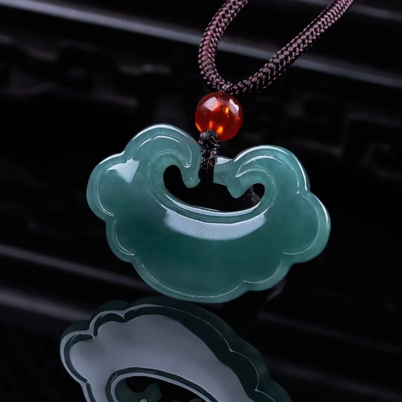 New Natural Burmese Emerald Jade Blue Water Ice Seed Auspicious Clouds Lock Pendant Fashion Retro Jewelry Gifts for Men Women