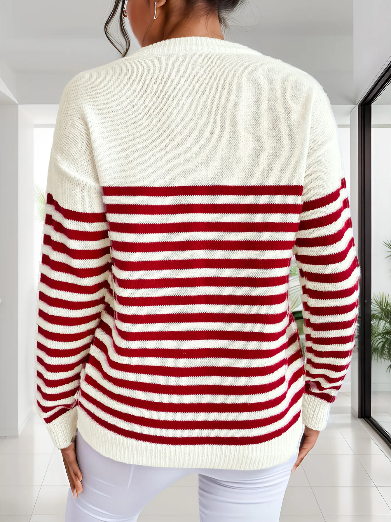 Women Striped Knit Love Heart Long Sleeve Base Layer Casual Loose Fit Sweater for Autumn & Winter