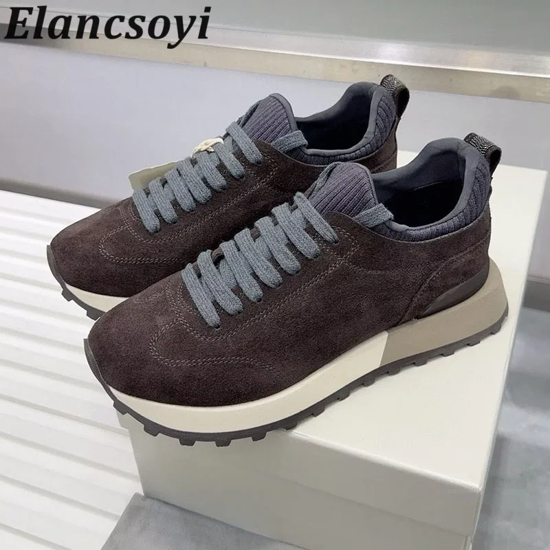 Walking Shoes Spring Autumn Flats Thick Bottom Casual Shoes Women Suede Lace Up Patchwork Breathable Running Shoes Sneakers