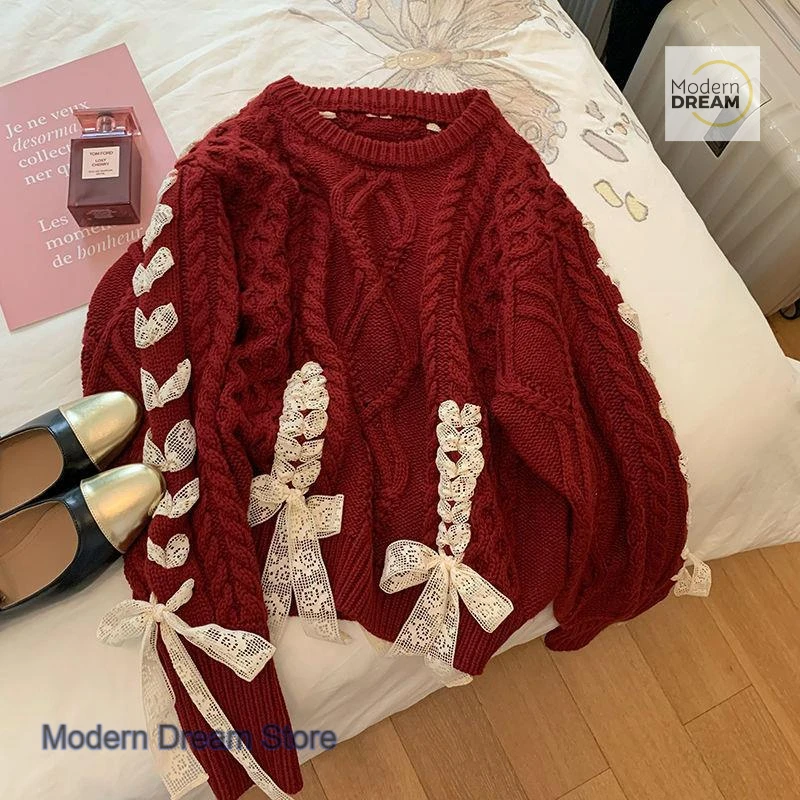 

American style loose fashion red twist strap sweater women's autumn and winter new Christmas sweet casual bow knit pullover.