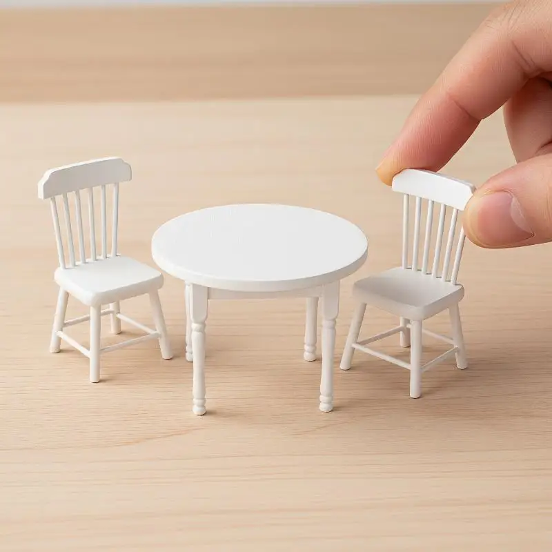 {H} 1/3Pcs Miniature Wooden Dining Table And Chair 1/12 Miniature Dollhouse Furniture Pretend Play Simulation Toys